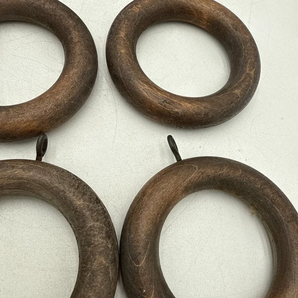 Solid Wood Curtain Rings Lot 10 Brown Drapery Rod Hooks 1.75